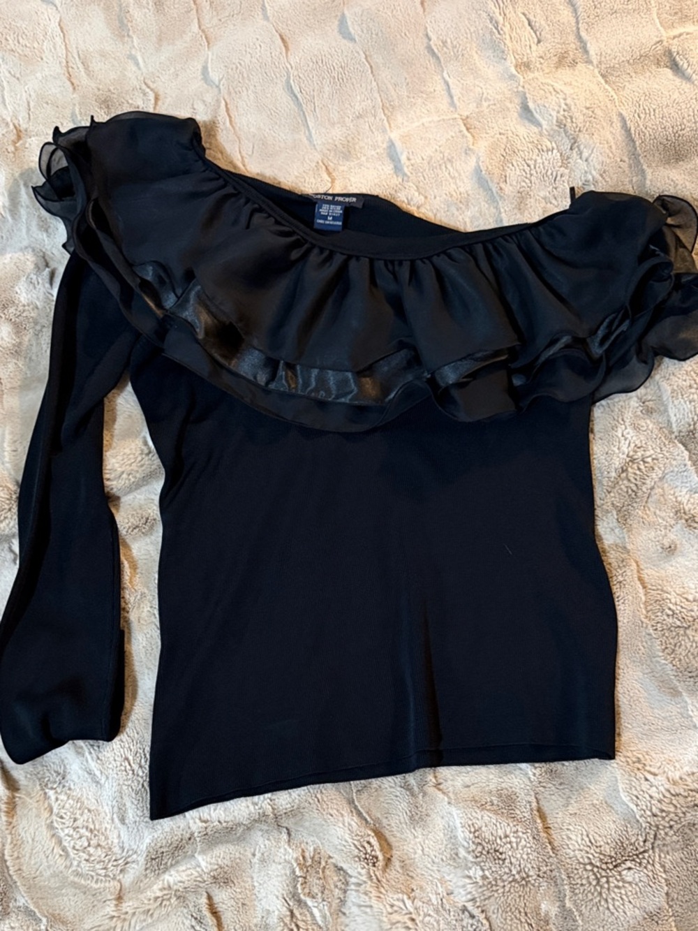 Boston Proper Black One-Shoulder Ruffle-Trim Blouse